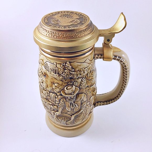 1987 Gold Rush Beer Stein with Lid Ceramak Stoneware Brazil Vintage Avon - Picture 2 of 9